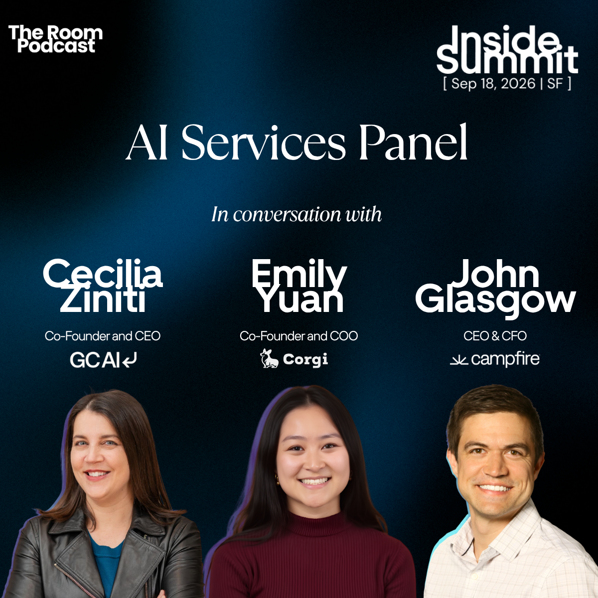 AI Services Panel with Cecilia Ziniti of GCAI, Emily Yuan of Corgi, and John Glasgow of Campfire